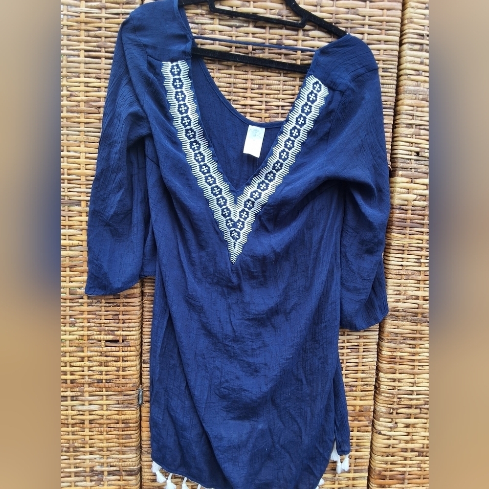 Kona Sol Deep Blue Gauzy Tunic with Elegant Embroidy Swim Cover Up M - Picture 3 of 15